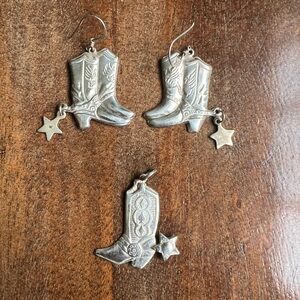 Silver Cowboy Boot Earrings and Pendant Set